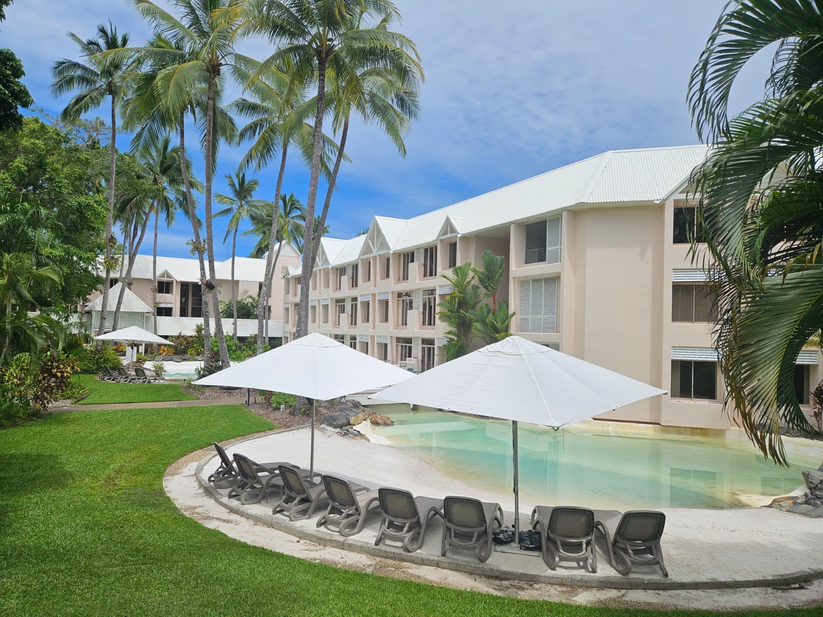 A Port Douglas resort pool with white umbrellas and a freshly cleaned white three storey building behind palms