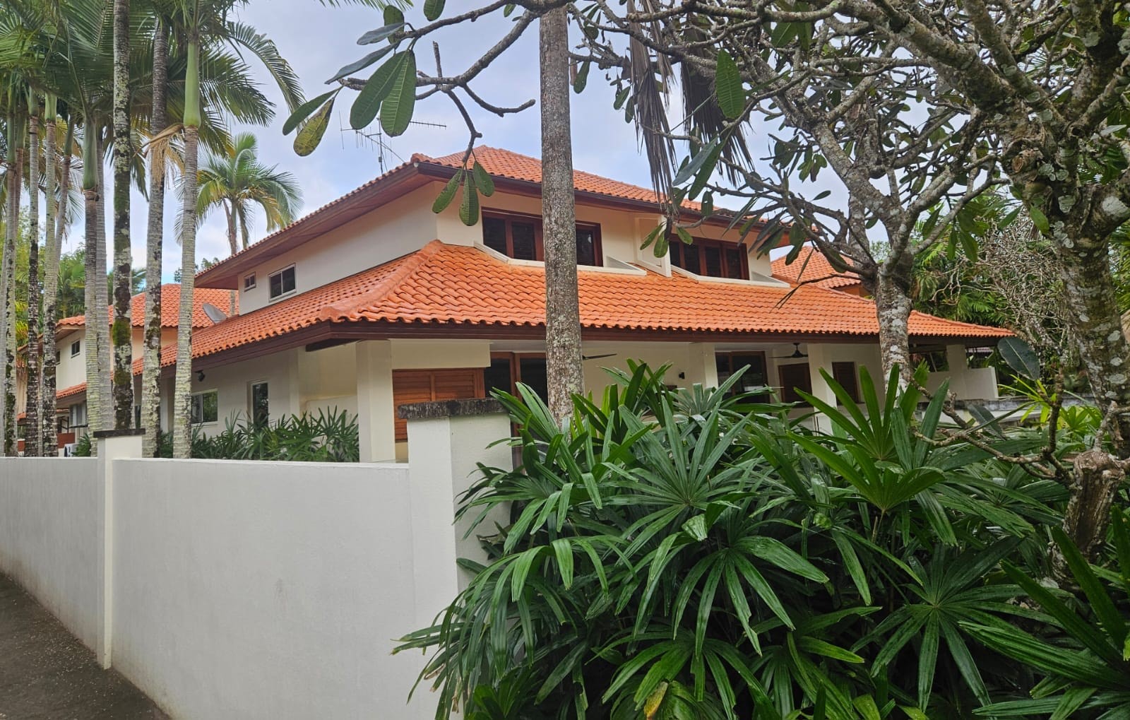 A terracotta roofed villa with a clean white boundary wall and palms